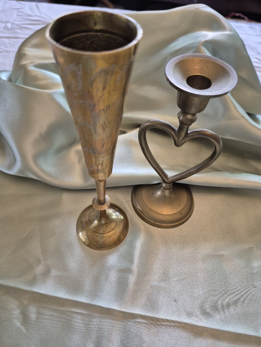 Brass Heart Candle Holder and Decorative Mini Brass Vase Set Roughly 5.5"H